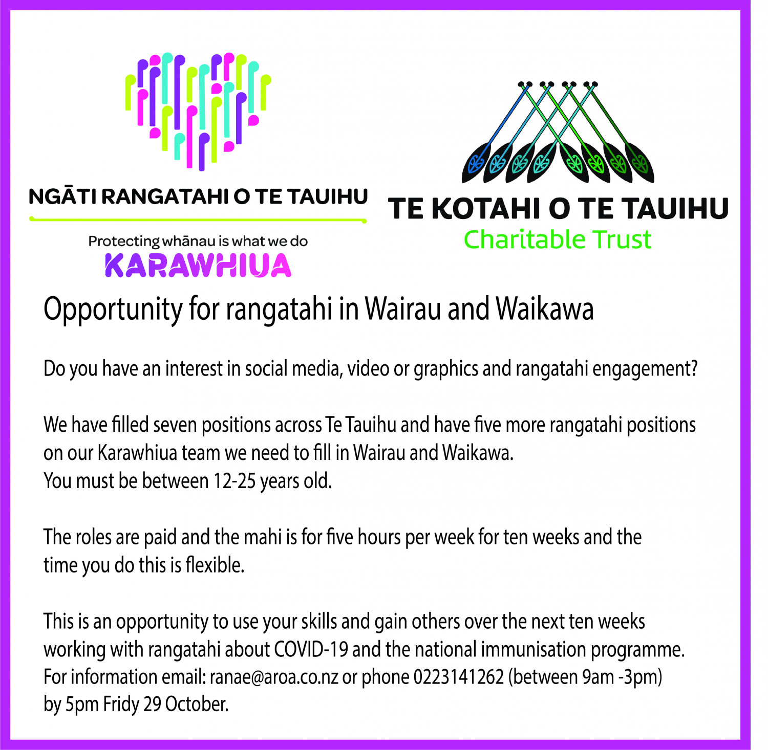 Rangatahi needed from Waikawa & Wairau for Karawhiua Engagement